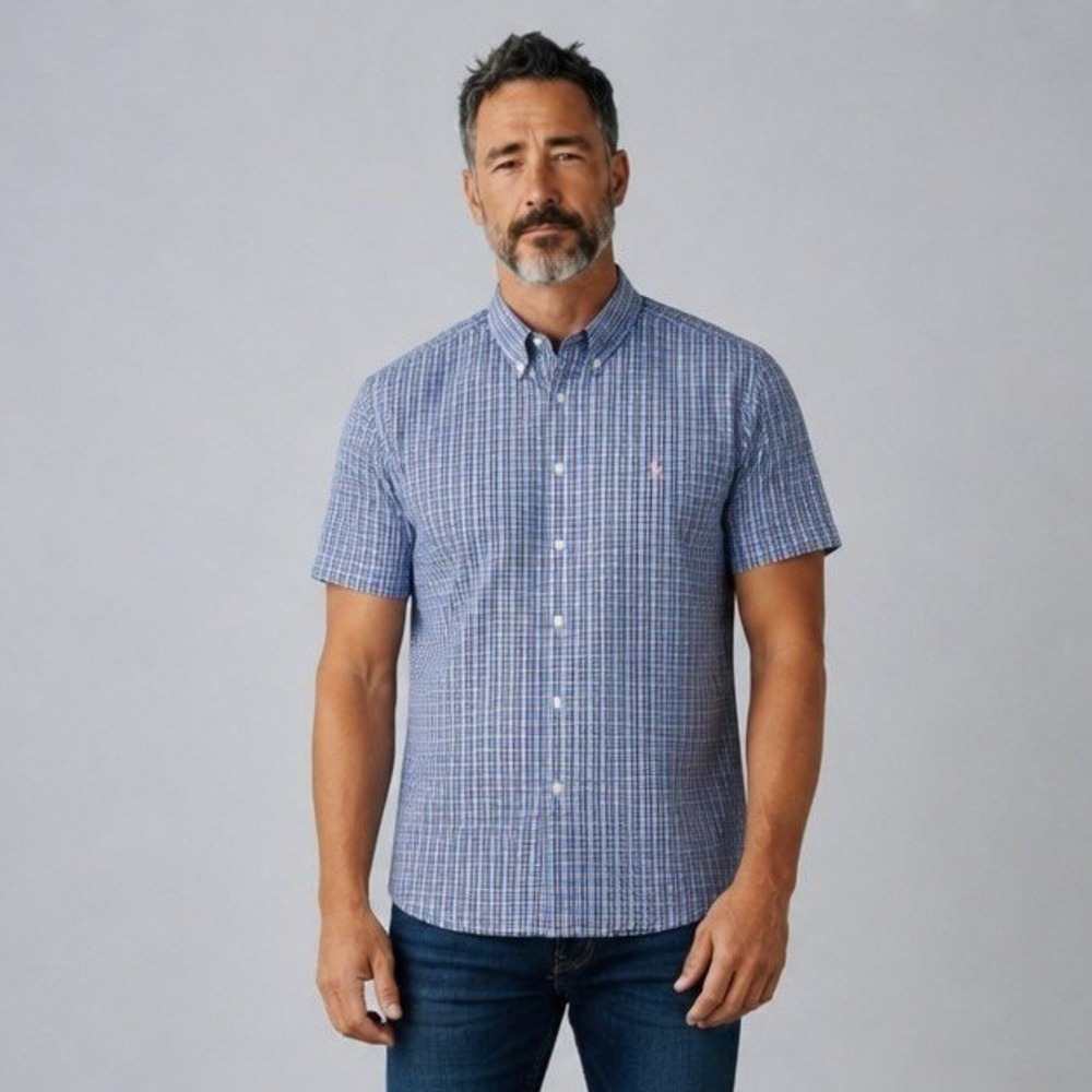 Ralph Lauren Mens Large Blue Plaid Short Sleeve Button Down Shirt Classic Fit